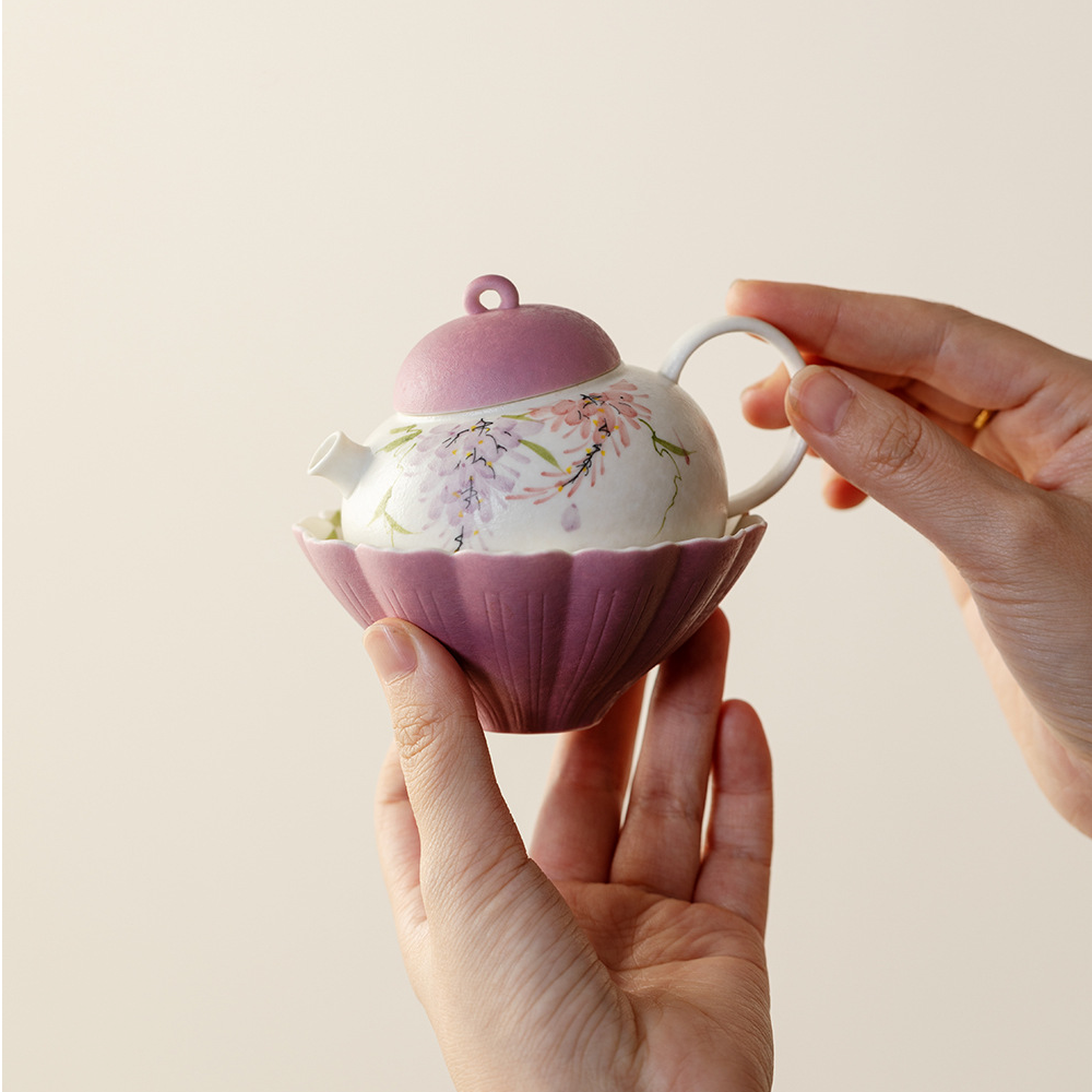 弥言纯手绘云饶紫藤花陶瓷茶壶盖碗茶杯功夫茶具套装主人杯简约风