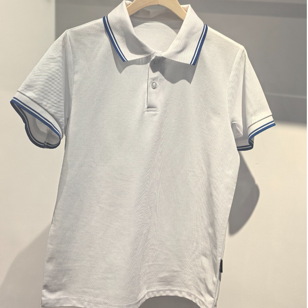 白色蓝边珠地POLO衫极简休闲翻领纯色男女通款校服班服