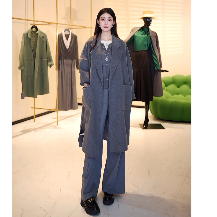 【静奢灰】AMASS/阿玛施秋冬新款大口袋双面呢时尚长款大衣5400952