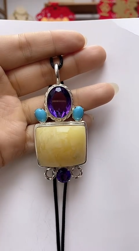 【闪购商品】琥珀裸石银S925镶嵌蜜蜡吊坠