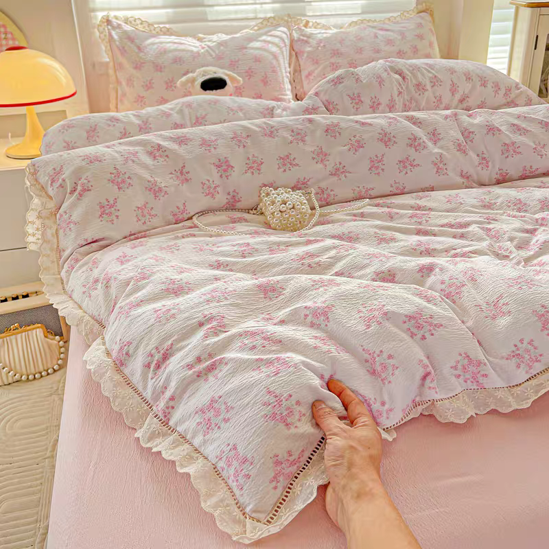 6新款韩式2025年木棉皱皱纱花边床单被套
