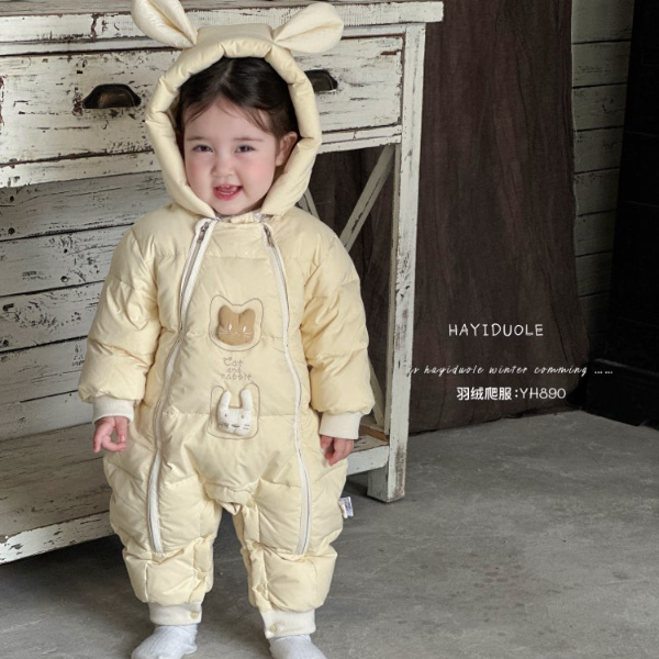 茉茉哩婴儿羽绒服连体衣白鸭绒卡通猫咪兔双拉链羽绒服哈衣890