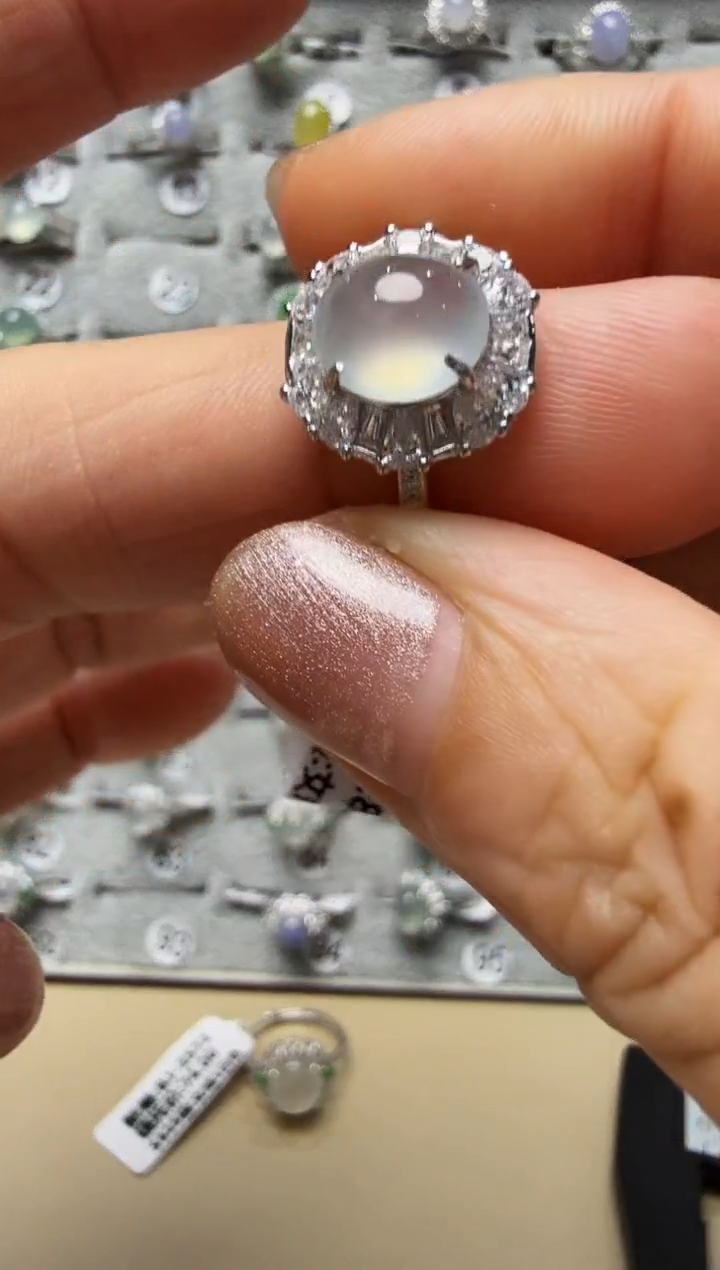 翡翠戒指银S925镶嵌925银镶缅甸A货翡翠戒指