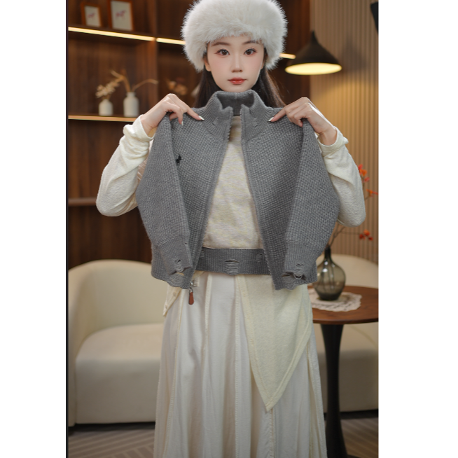 【加厚德绒毛衣】针织韩版破洞开衫毛衣灰色男童女童立领百搭纯色