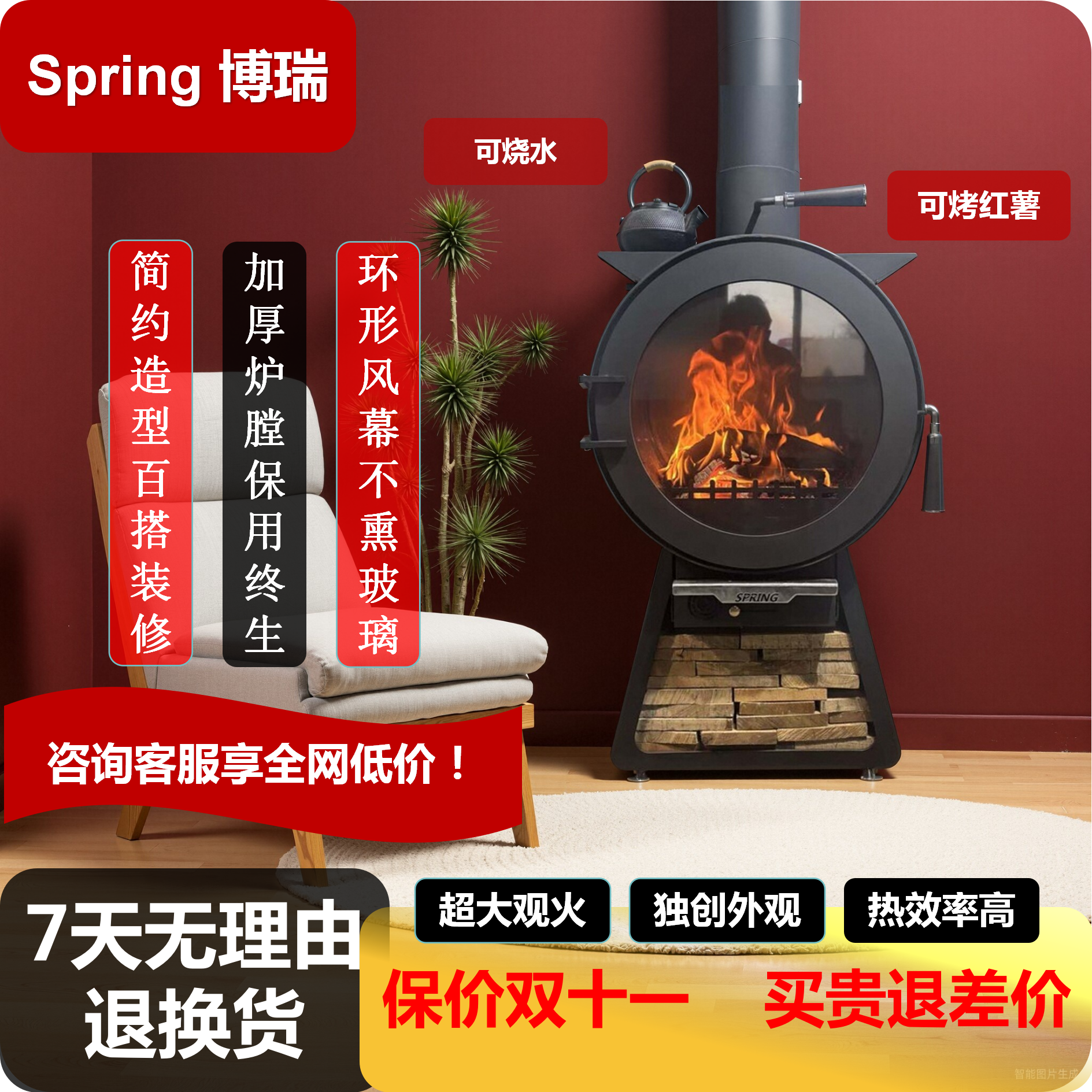 真火壁炉燃木真火壁炉柴火取暖炉名宿农家乐茶室农村自建房取暖