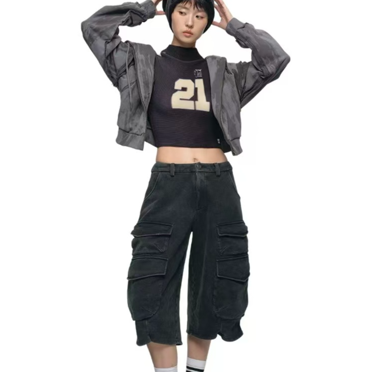 MOF 少女百货 黑色多口袋重工水洗做旧七分香蕉卫裤OK【自播】