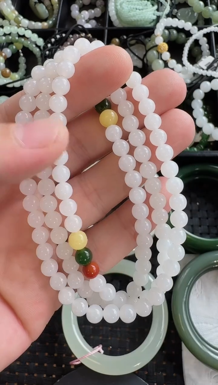 和田玉未镶嵌颈饰6mm白玉长链108