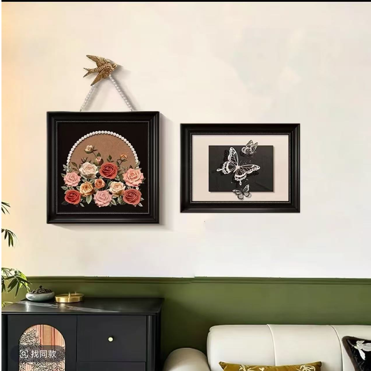 玫瑰古风装饰画蝴蝶法式复古高级客厅挂画奶油沙发背景墙壁画F13