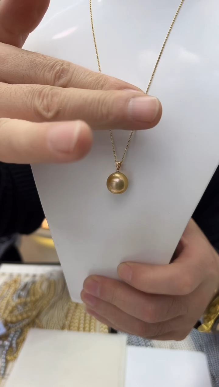 无链子925银【飛梵•18】13-14mm正圆浓金几乎无暇瓜子扣吊坠