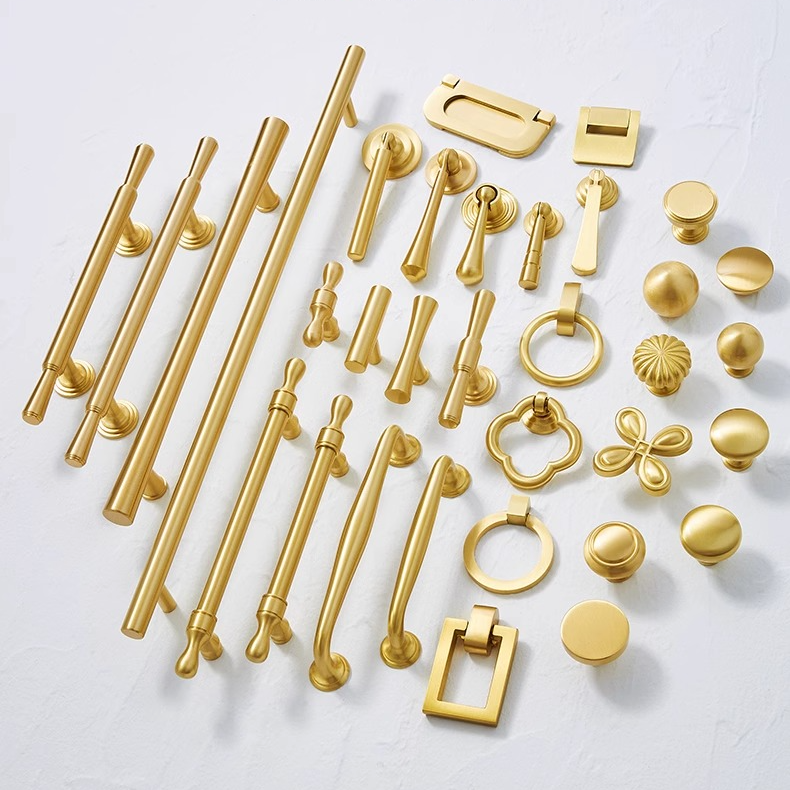 黄铜柜门拉手现代简约新中古风轻奢金色橱柜抽屉鞋柜法式衣柜把