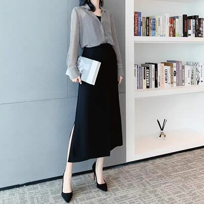 AMASS/阿玛施春夏季时尚新款女装裙子黑色显瘦半身夏季显瘦格子