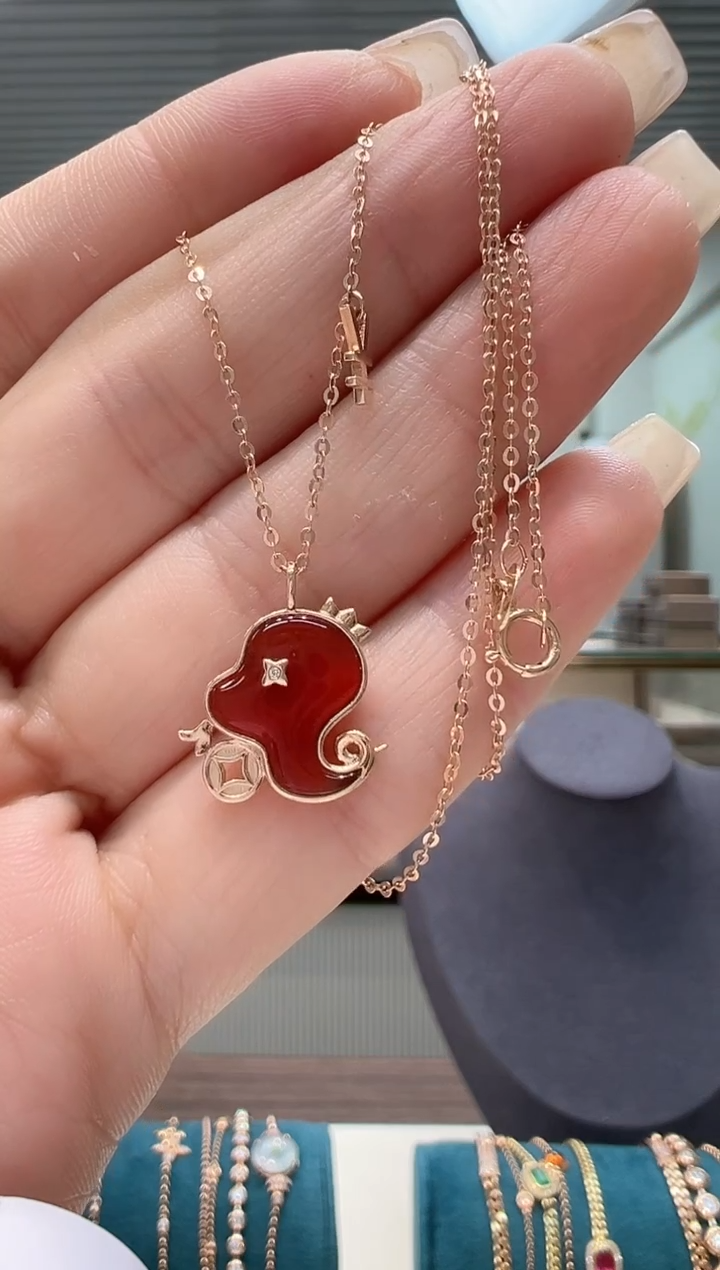 【闪购商品】玛瑙/玉髓套链18K金镶嵌红玛瑙小蛇项链K红