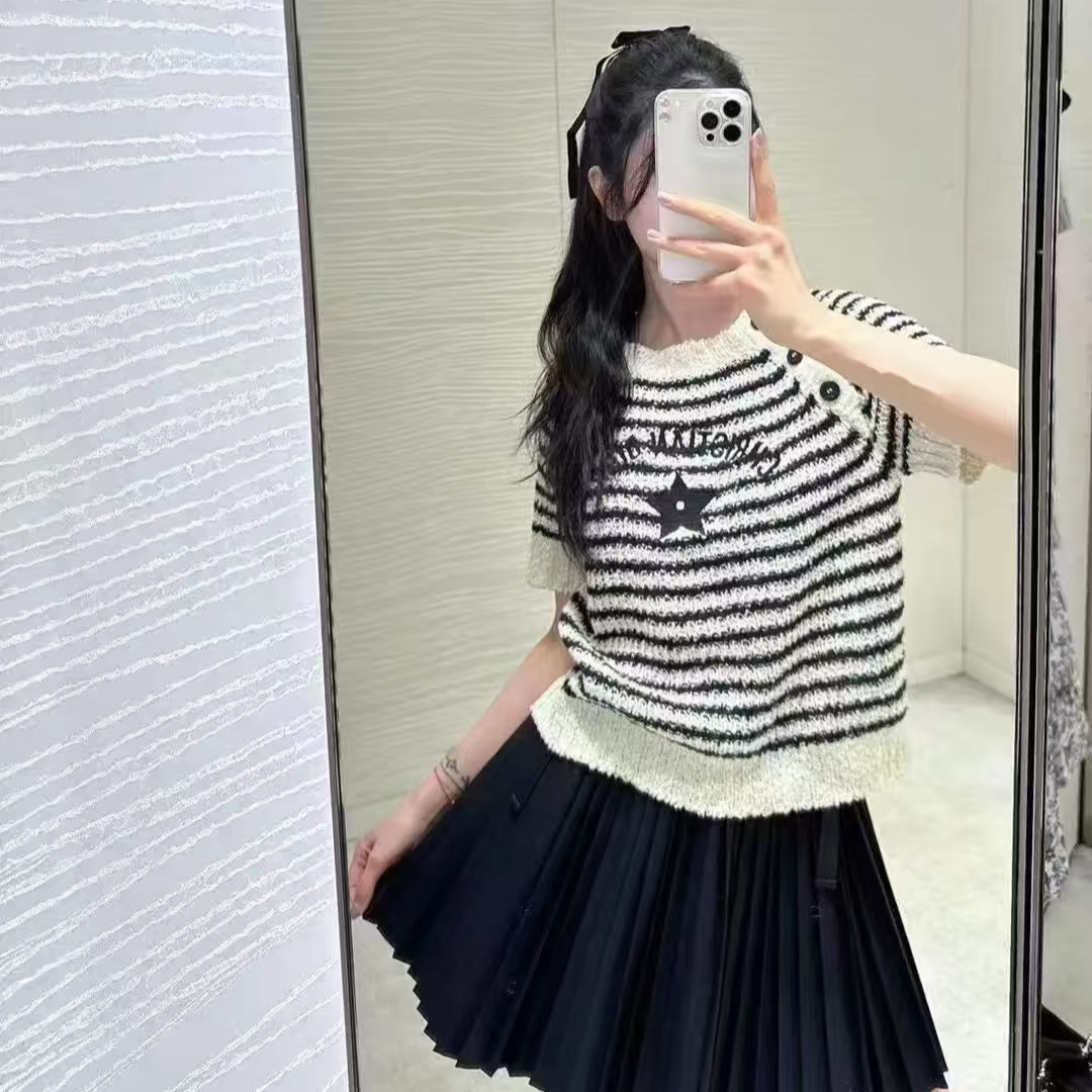 未使用 DIOR/迪奥 25SS 海军条纹扣子装饰针织短袖 蓝白/42