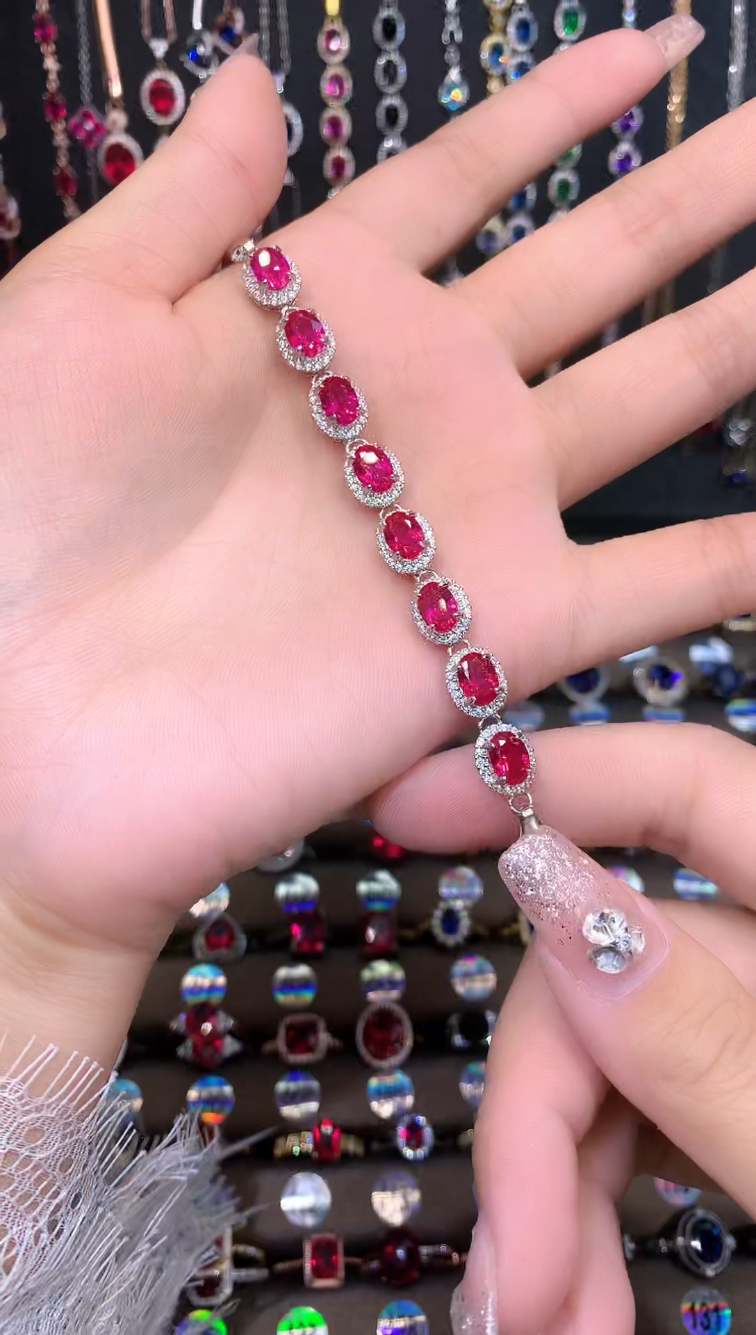 手链银S925镶嵌红宝石8颗银