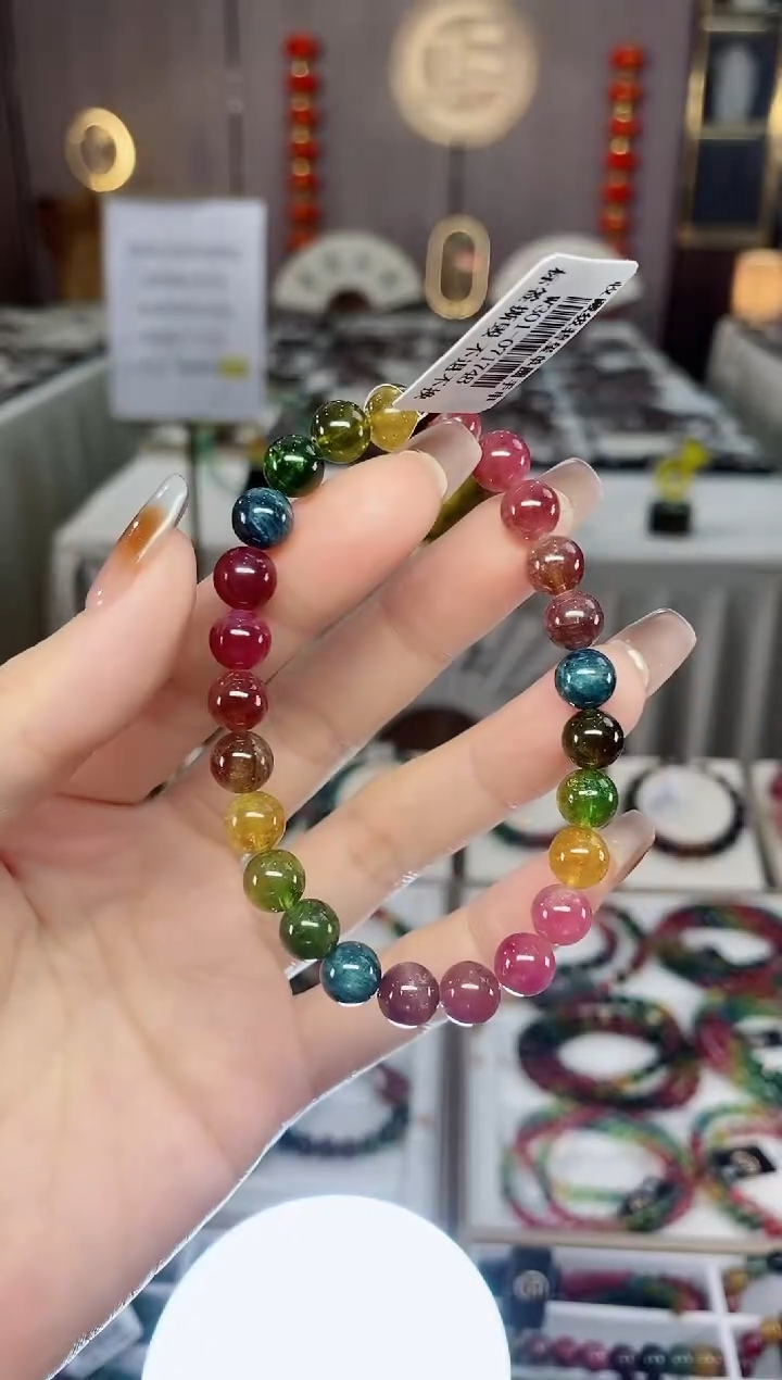 老矿碧玺色标彩虹单圈手串7mm+未镶嵌碧玺dan多样性发货一条