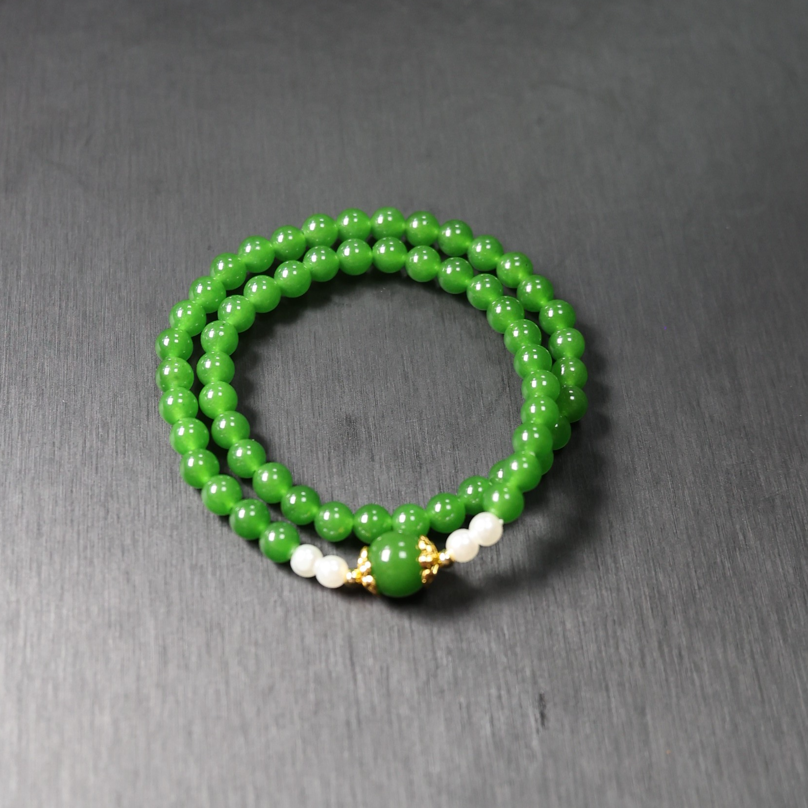 【乾.记】和田碧玉菠菜绿镶嵌手串【6+10mm】