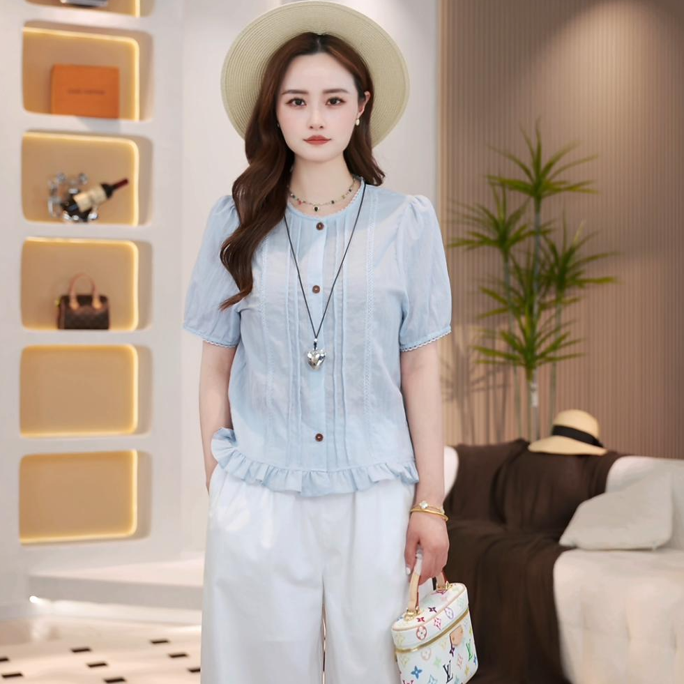 马克华菲女装夏季2025法式减龄显瘦泡泡袖衬衫提花设计上衣 LH