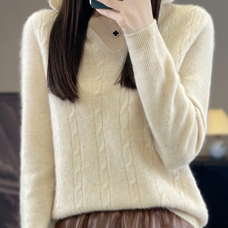 100纯羊毛针织显瘦减龄扭花帽衫时尚上衣D320