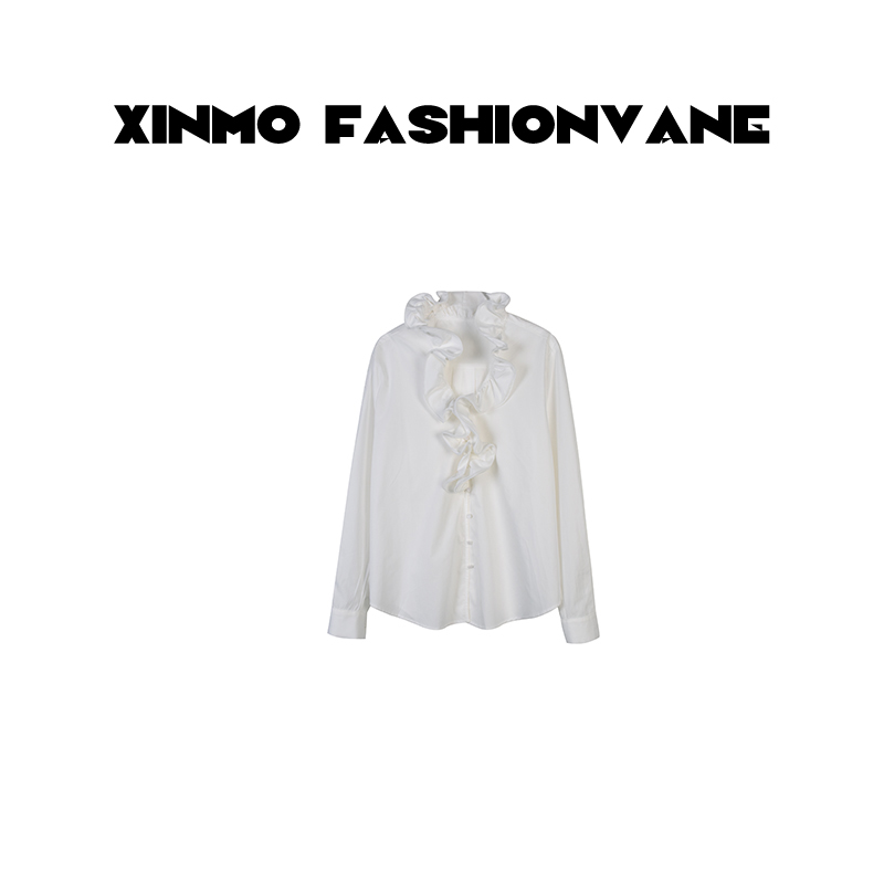 【韩Kiko】秋款宽松时尚法式复古风百搭木耳边衬衫女长袖C07010517