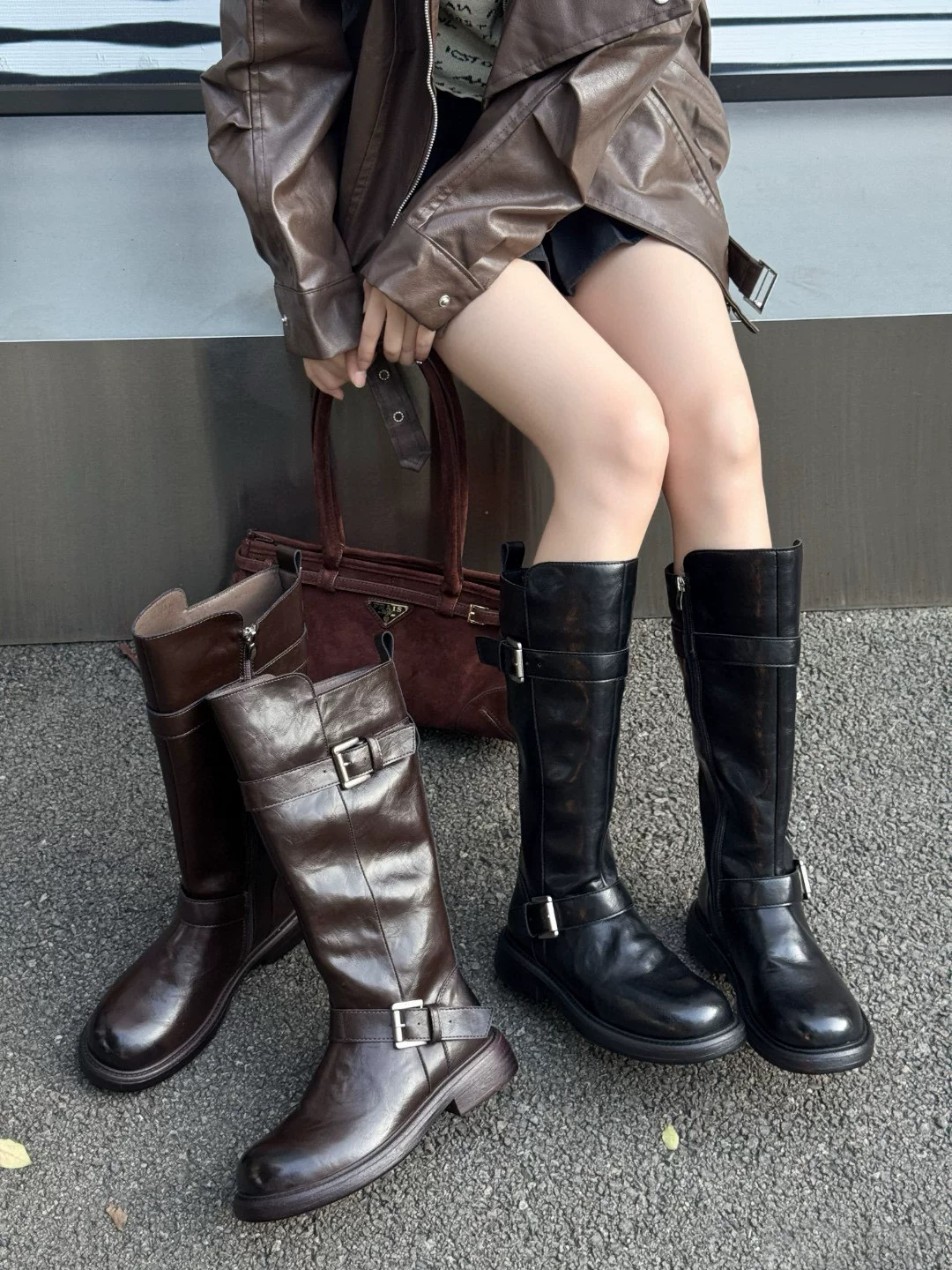 2025加绒时装靴真皮秋冬高筒长筒靴百搭靴子女靴长靴马丁靴废土风