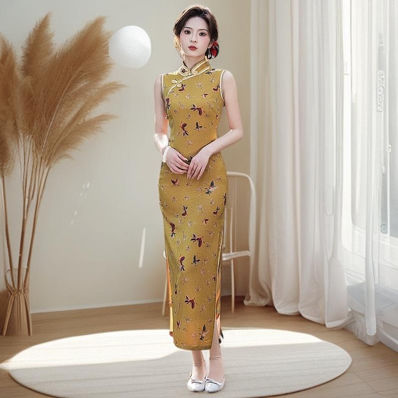 C婉清 |年轻款醋酸缎长旗袍2025年春季新款无袖日常修身连衣裙