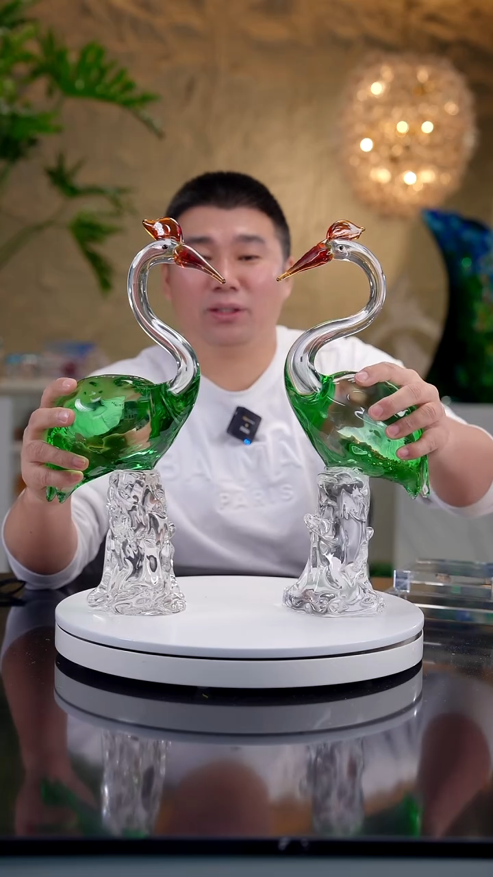 手工艺品琉璃祖母绿色仙鹤摆件一组