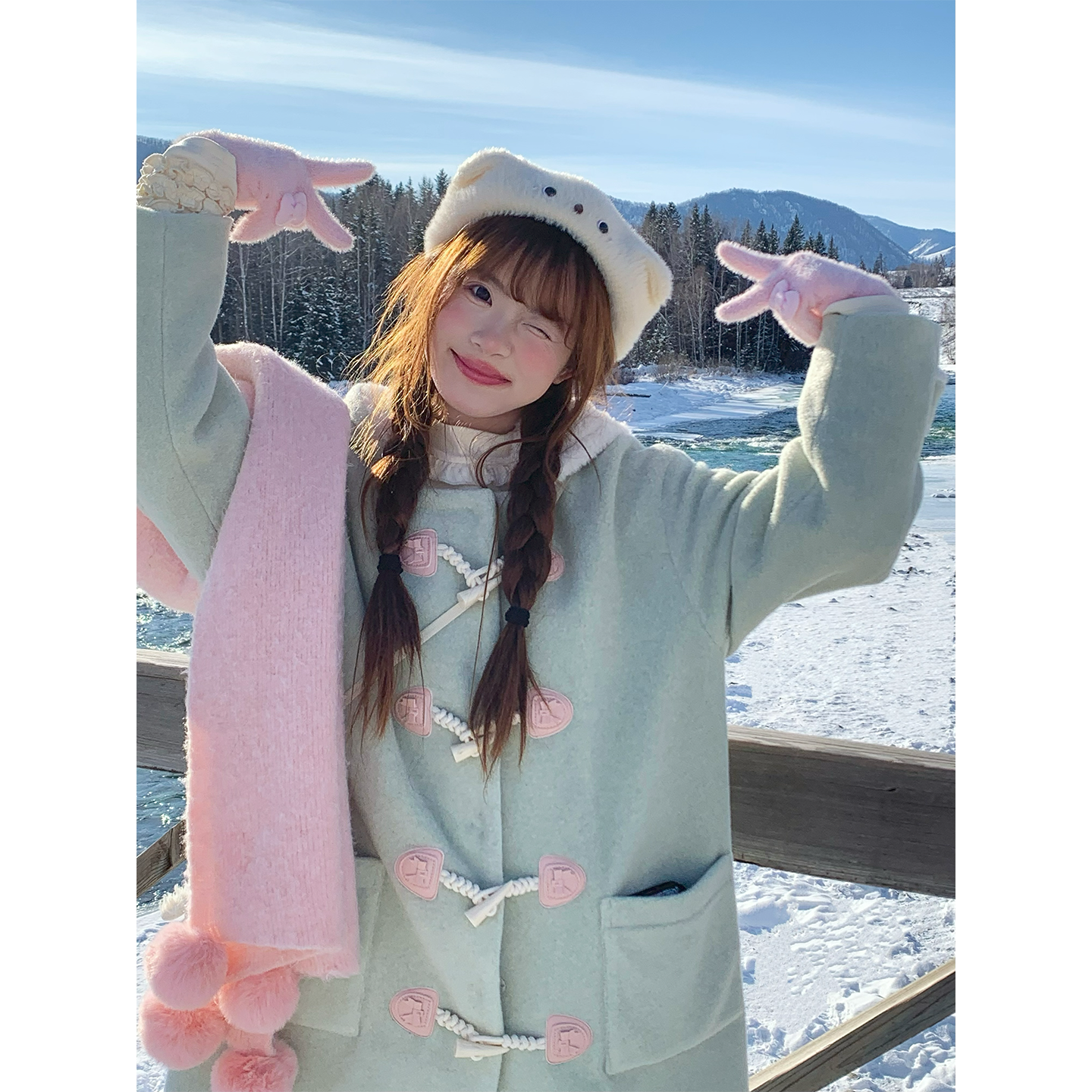 sinsingirl 春桃团子 冬季绿色牛角扣宽松连帽毛呢大衣外套中长款