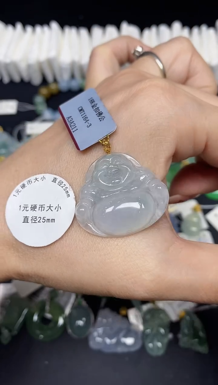 吊坠(不含链)18K金镶嵌翡翠佛公18K金扣镶嵌@@CMT1164-3