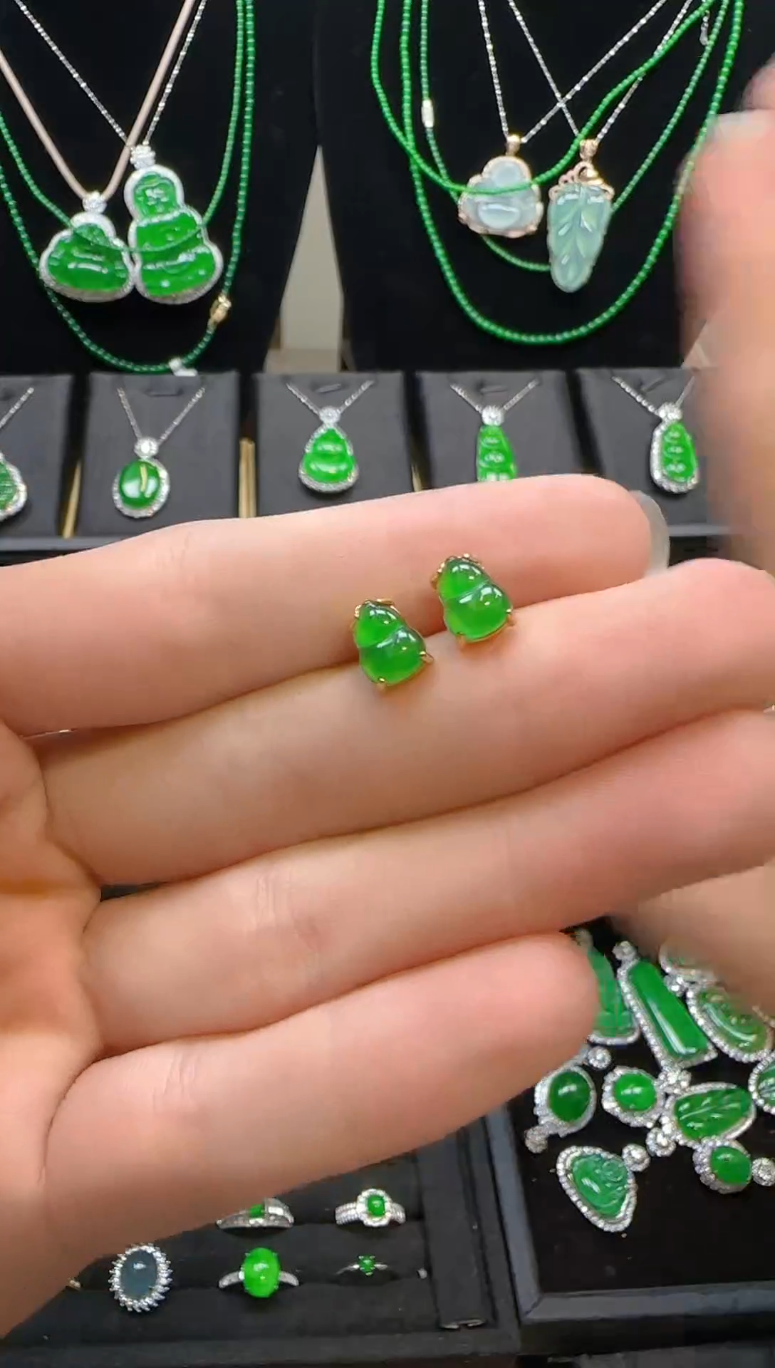 翡翠银S925镀金镶嵌耳饰葫芦耳钉