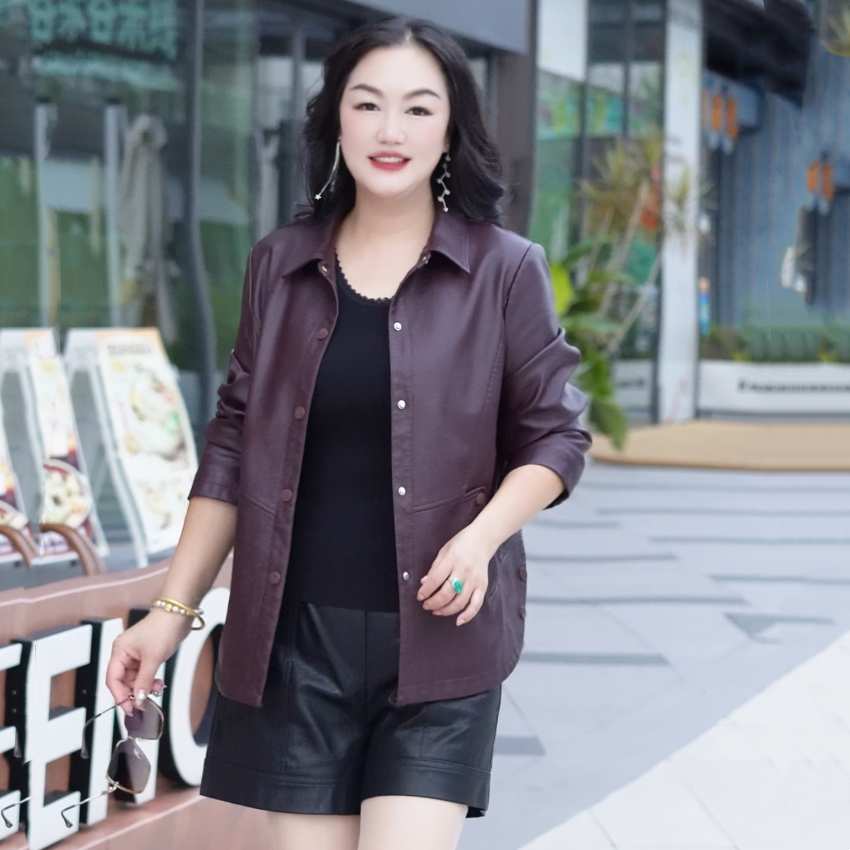 女士皮衣常规款长袖大码宽松显瘦气质妈妈装水洗皮免洗外套58801