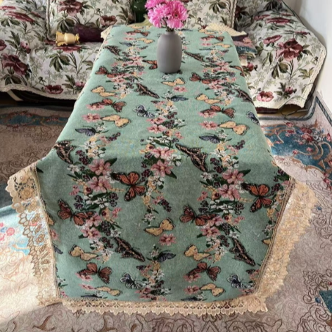 ZN111-84棉麻【90*250】绿蝴蝶水溶花边棉麻交织布桌布