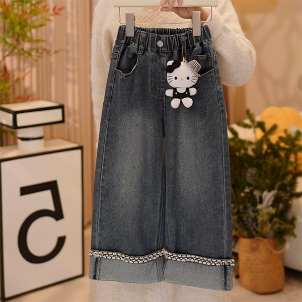 【米小洛】2026春季新款女童韩版时尚直筒高腰宽松阔腿百搭牛仔裤