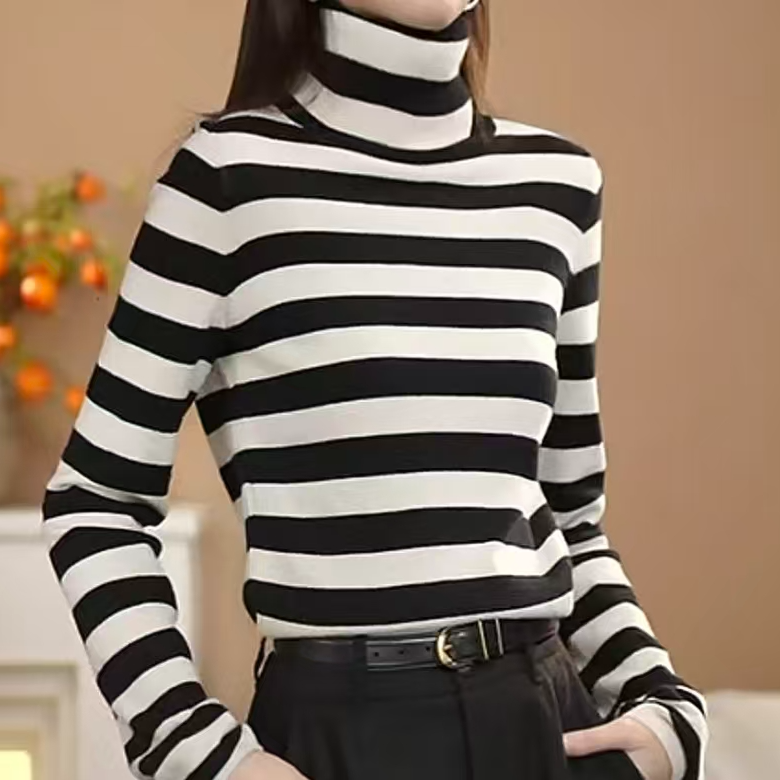 AMASS/阿玛施 新款高领条纹纯羊绒百搭时尚长袖打底针织女5399543