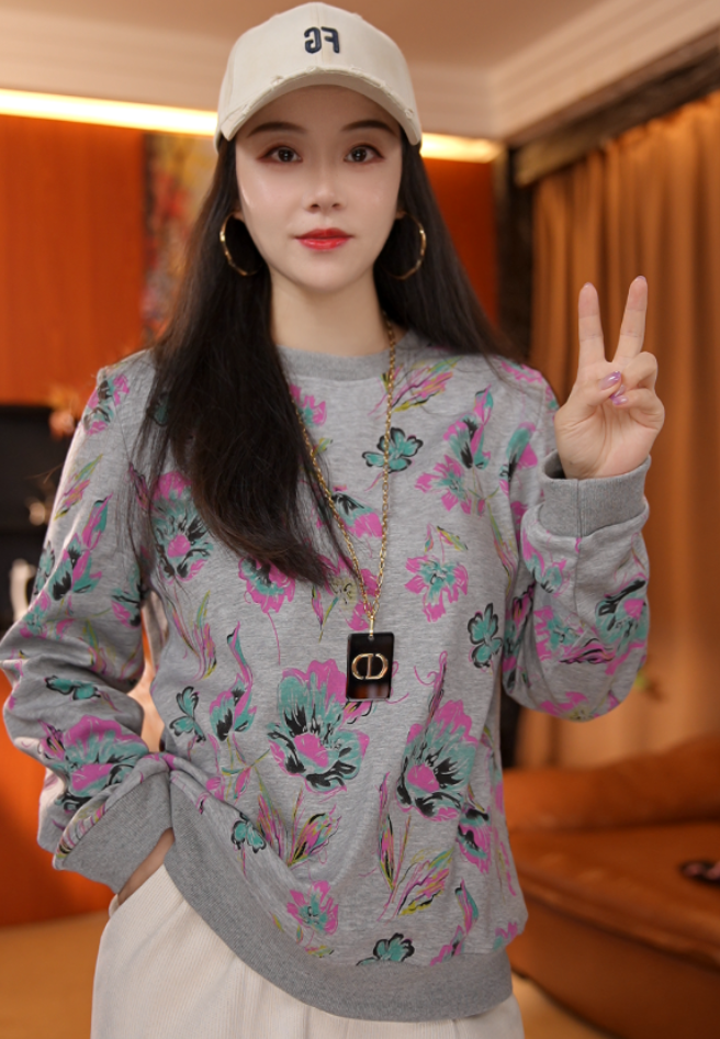 QJGAODING-新款复古花卉圆领加绒卫衣【0149】