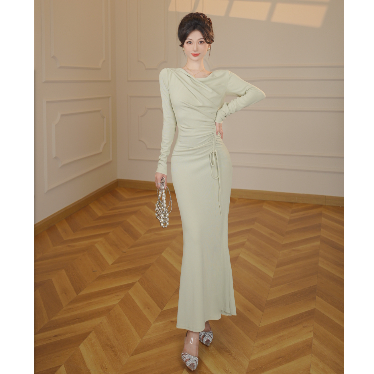 【张小小】春秋款荡领长袖连衣裙女抽绳收腰显瘦包臀鱼尾裙D3171