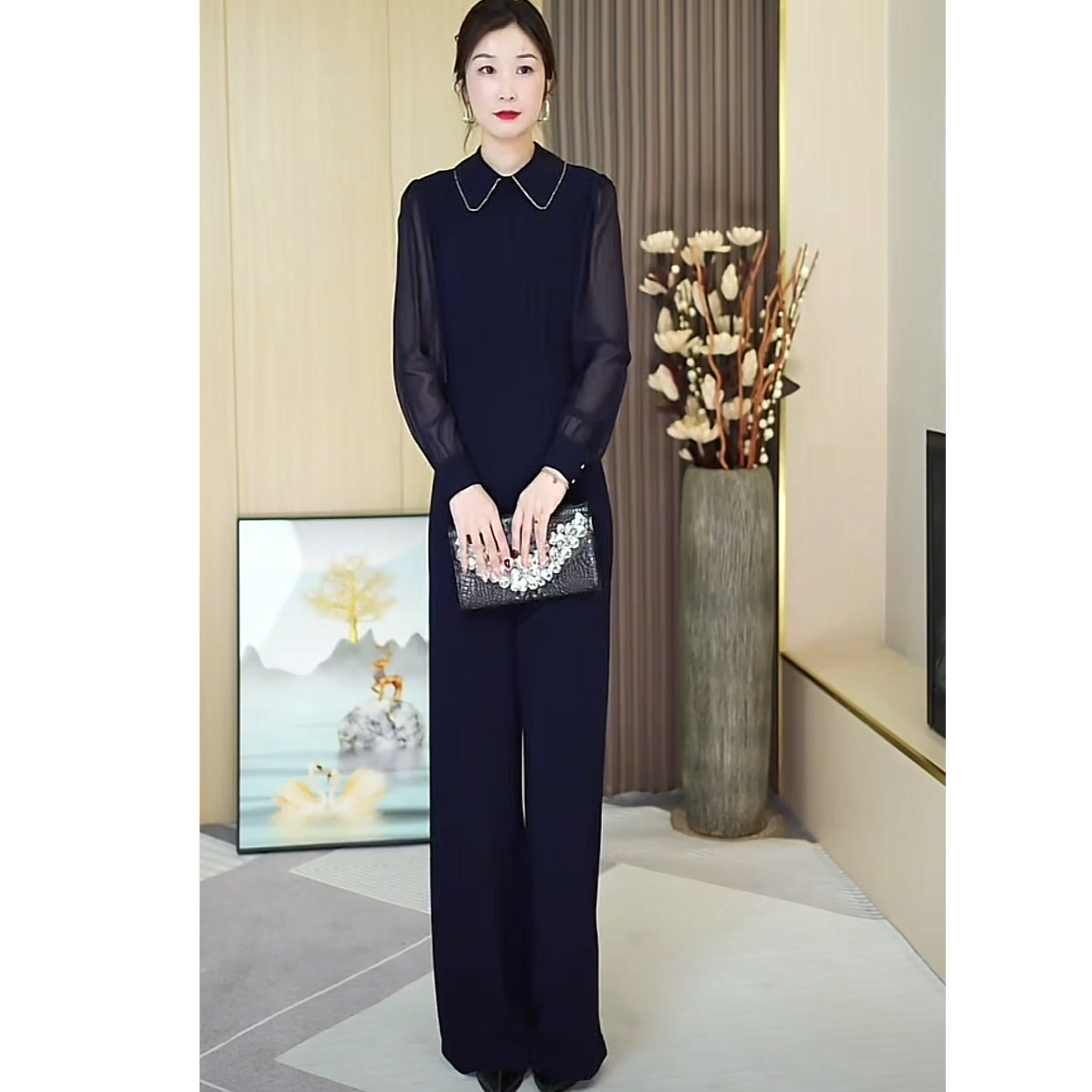 复古轻职风轻奢时尚复古港风减龄气质女装长袖时尚套装连体裤