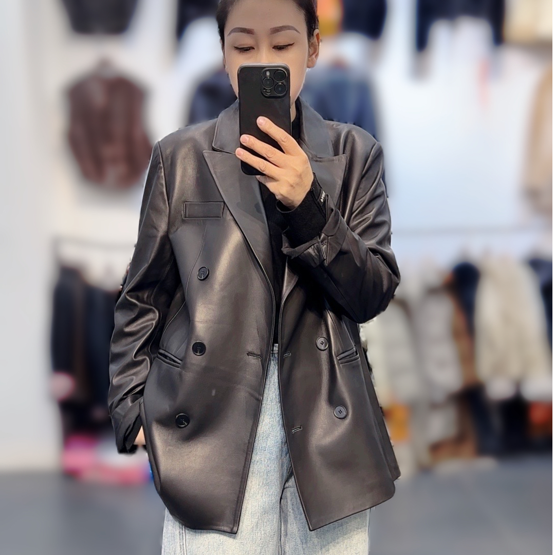 海宁新款真皮绵羊皮双排扣阔版中长款女士西装春秋气质皮衣外套