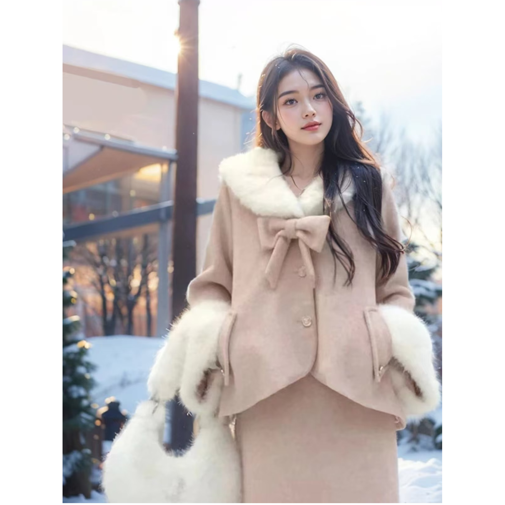 大码雪国精灵冬季韩版甜美毛毛拼接外套长半裙两件套装10192