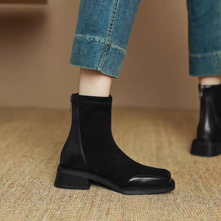 泽泽鞋贸百搭粗跟高跟女鞋弹力靴平跟