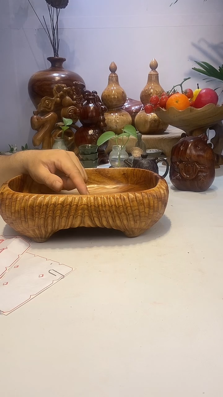 【闪购商品】香樟木A28方形竖条纹果盆29*20*9