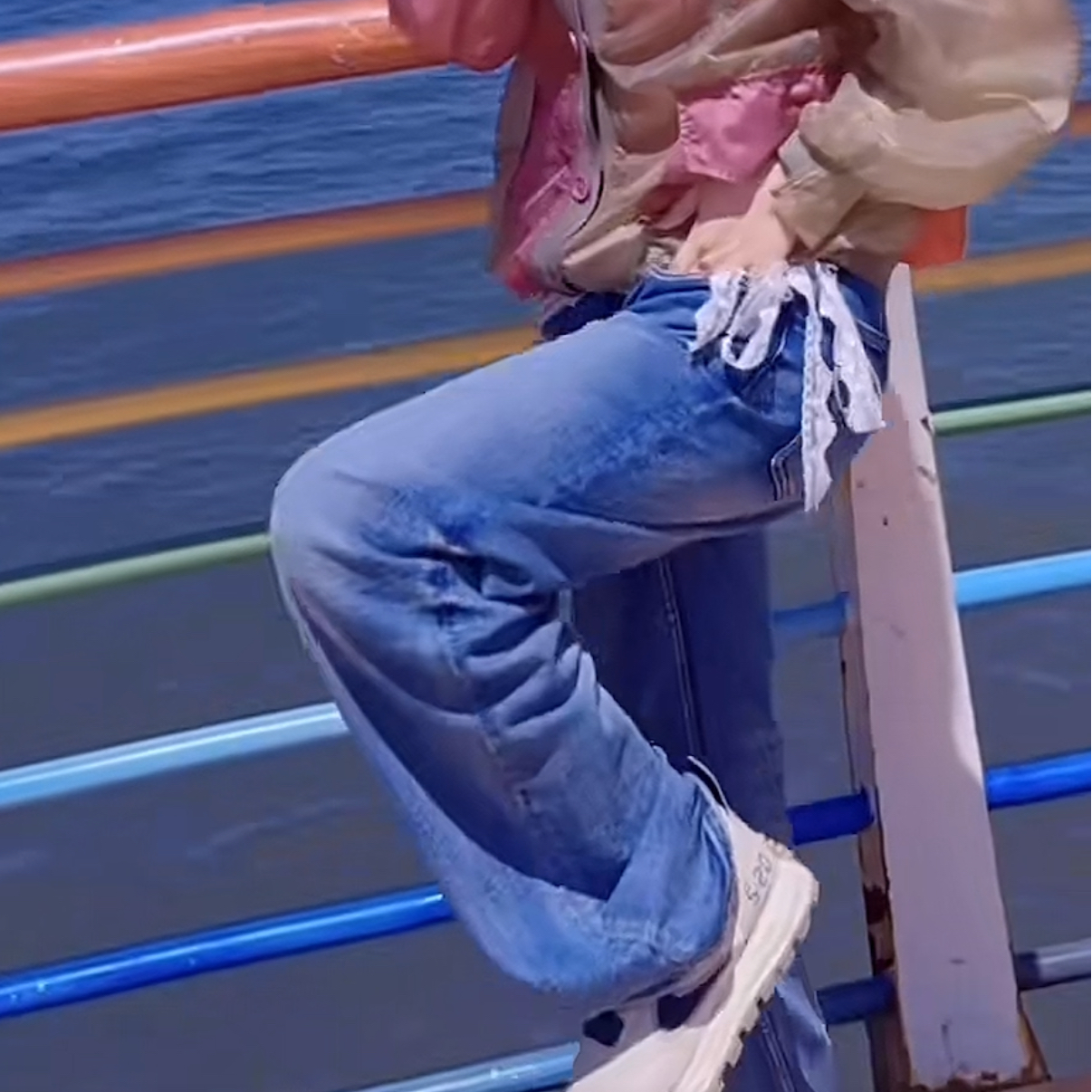 欧美式复古水洗阔腿牛仔裤女磨白高腰宽松显瘦百搭直筒拖地裤