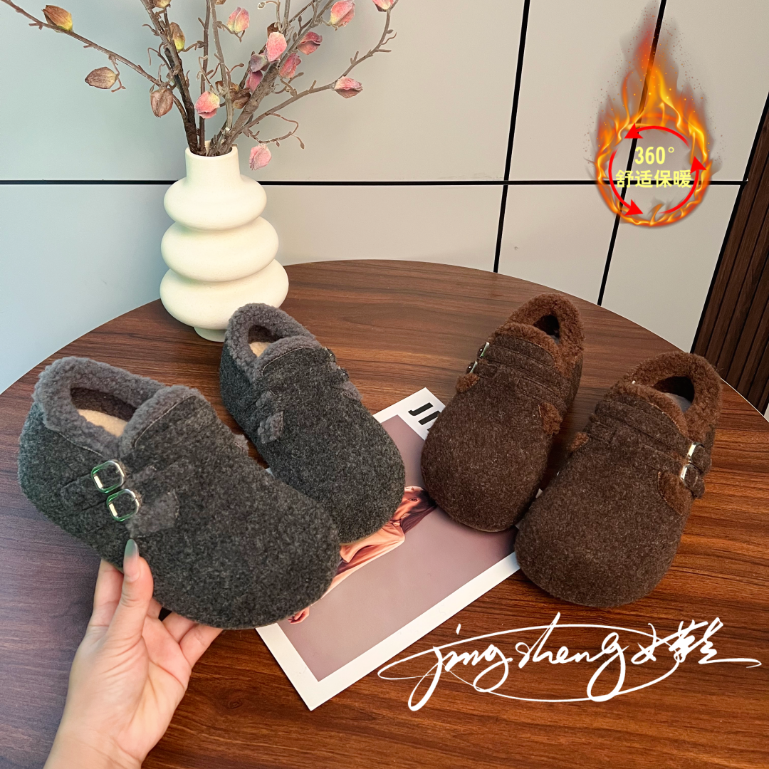 内增高5厘米软底勃肯鞋女毛呢加绒棉鞋2025冬季新款一脚蹬博肯鞋