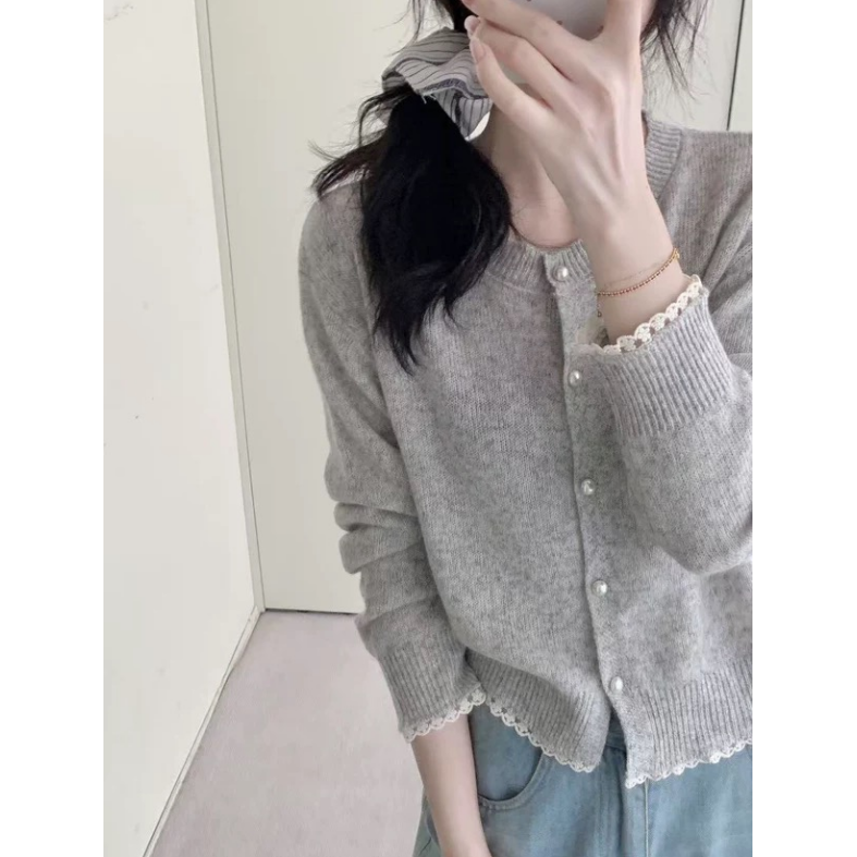 3064【蕾丝边珍珠扣开衫】新款气质毛衣外套宽松慵懒风女士上衣