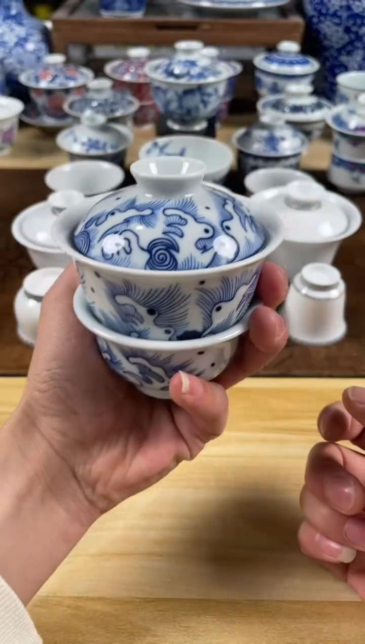 杯景德镇手工手绘青花海浪一盖碗一主人杯