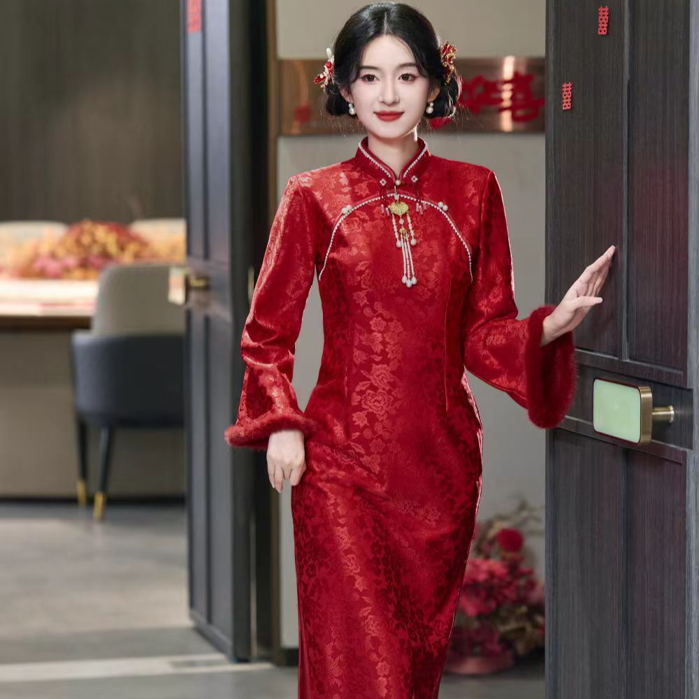 【今宵】冬款加绒改良中式新娘旗袍订婚敬酒喜宴红色显瘦气质长袖