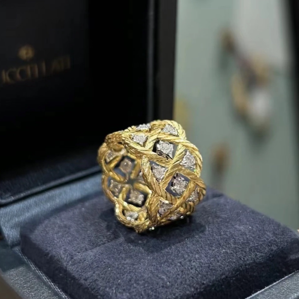 99新 BUCCELLATI/布契拉提 珊珊专属K金/ 钻石白金蕾丝镂空戒指51