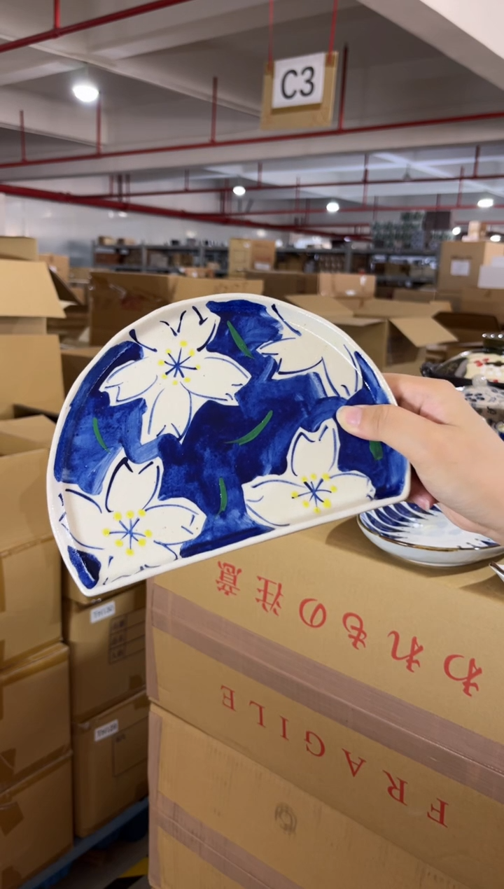 瓷片孤品 梦蓝桜半月盘