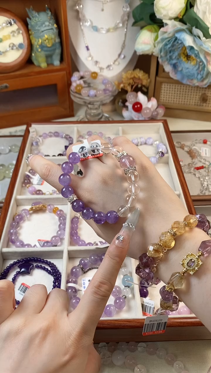 烟晶手链银S925镶嵌紫白