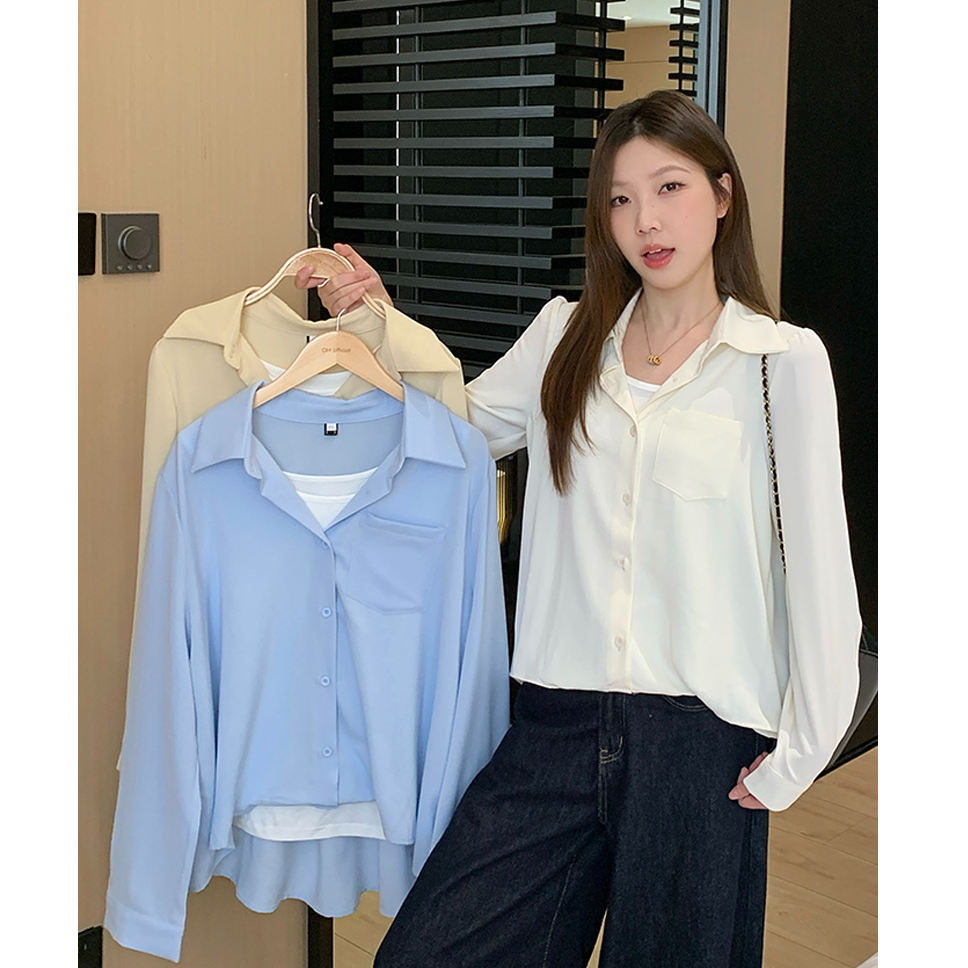 大码假两件衬衫2025秋季慵懒风宽松显瘦遮肉设计感别致衬衣64030