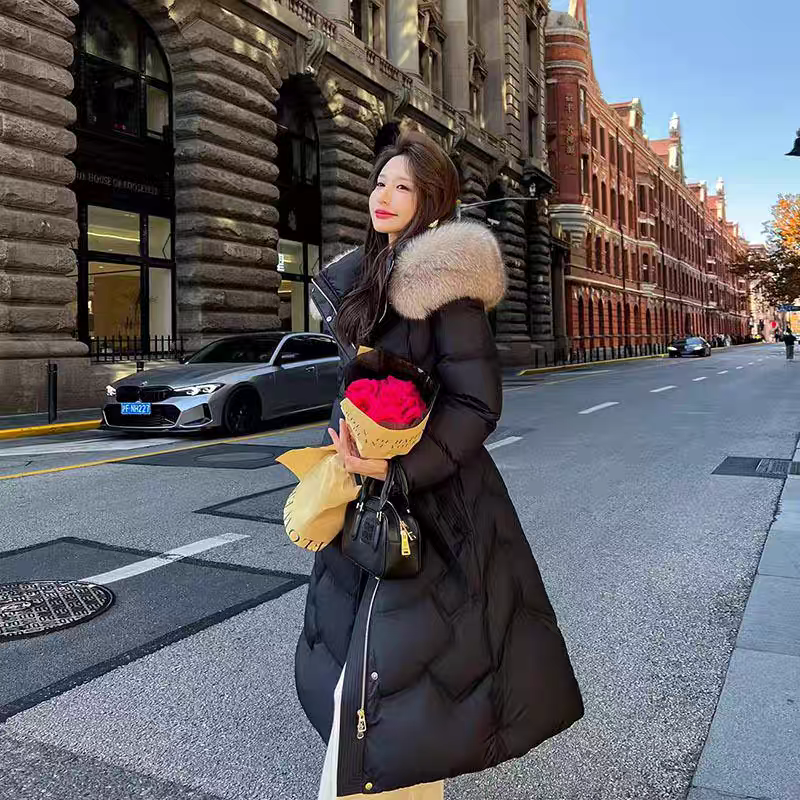 2025高端大毛领冬季白鸭绒羽绒服女过膝长款束腰显瘦时尚外套002